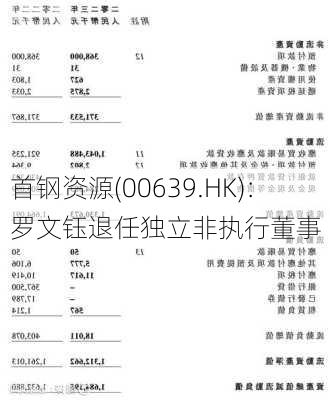 首钢资源(00639.HK)：罗文钰退任独立非执行董事