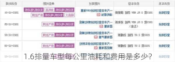 1.6排量车型每公里油耗和费用是多少？