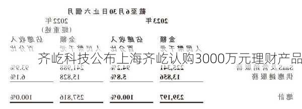 齐屹科技公布上海齐屹认购3000万元理财产品