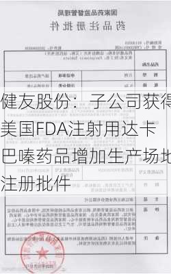 健友股份：子公司获得美国FDA注射用达卡巴嗪药品增加生产场地注册批件