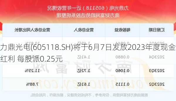 力鼎光电(605118.SH)将于6月7日发放2023年度现金红利 每股派0.25元