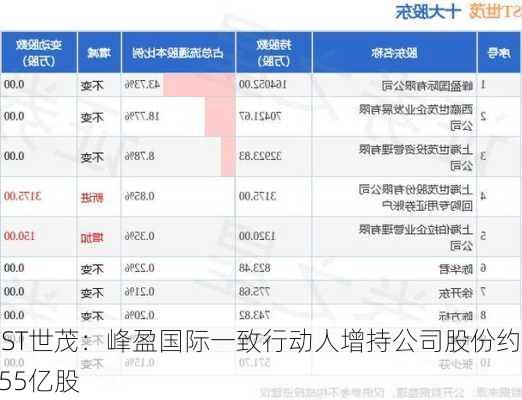 *ST世茂：峰盈国际一致行动人增持公司股份约1.55亿股