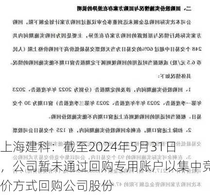 上海建科：截至2024年5月31日，公司暂未通过回购专用账户以集中竞价方式回购公司股份