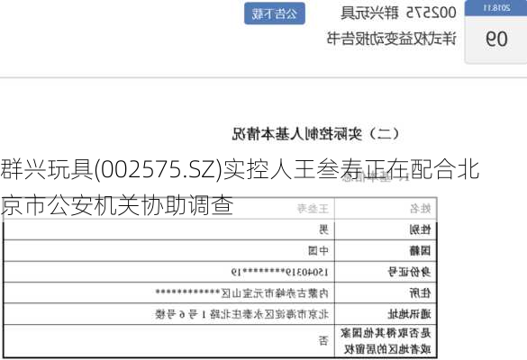 群兴玩具(002575.SZ)实控人王叁寿正在配合北京市公安机关协助调查