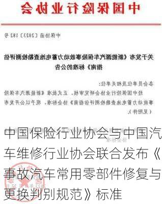 中国保险行业协会与中国汽车维修行业协会联合发布《事故汽车常用零部件修复与更换判别规范》标准