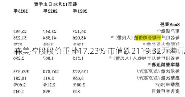 森美控股股价重挫17.23% 市值跌2119.32万港元