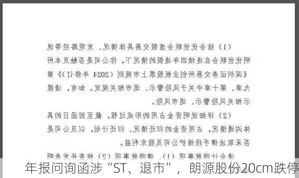 年报问询函涉“ST、退市”，朗源股份20cm跌停