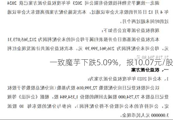 一致魔芋下跌5.09%，报10.07元/股