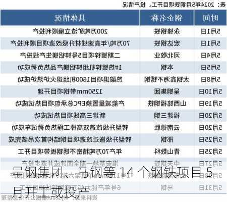 呈钢集团、马钢等 14 个钢铁项目 5 月开工或投产