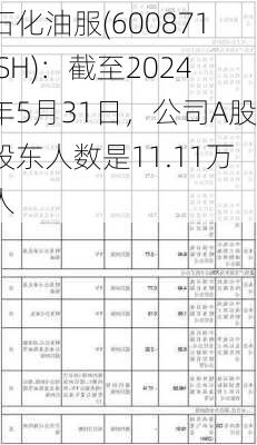 石化油服(600871.SH)：截至2024年5月31日，公司A股股东人数是11.11万人