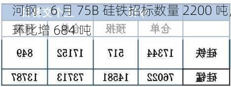 河钢：6 月 75B 硅铁招标数量 2200 吨，环比增 684 吨