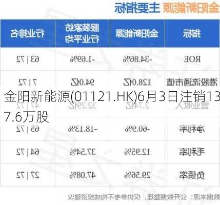 金阳新能源(01121.HK)6月3日注销137.6万股