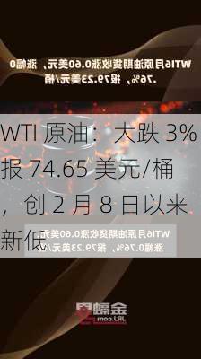 WTI 原油：大跌 3%报 74.65 美元/桶，创 2 月 8 日以来新低