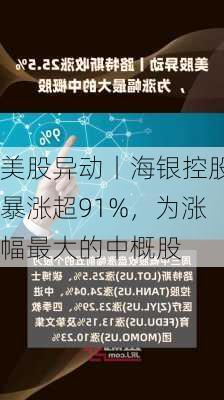 美股异动丨海银控股暴涨超91%，为涨幅最大的中概股