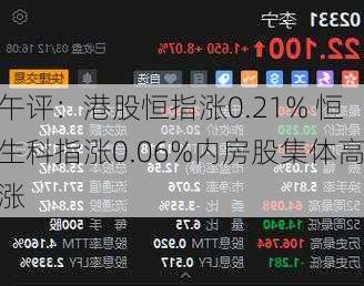 午评：港股恒指涨0.21% 恒生科指涨0.06%内房股集体高涨