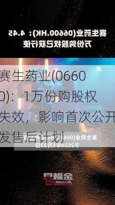 赛生药业(06600)：1万份购股权失效，影响首次公开发售后计划