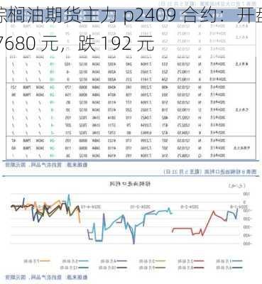 棕榈油期货主力 p2409 合约：开盘 7680 元，跌 192 元