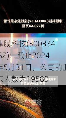 津膜科技(300334.SZ)：截止2024年5月31日，公司的股东人数为19580