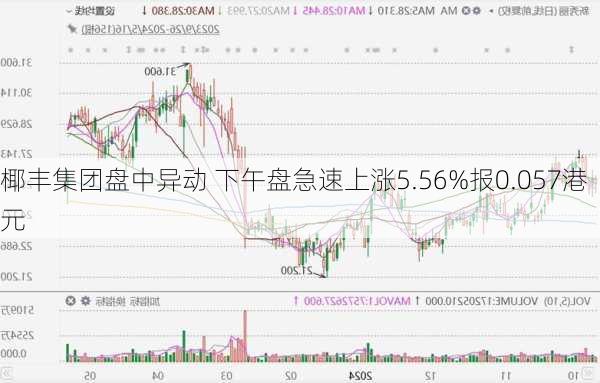 椰丰集团盘中异动 下午盘急速上涨5.56%报0.057港元