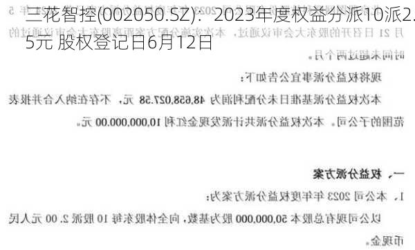 三花智控(002050.SZ)：2023年度权益分派10派2.5元 股权登记日6月12日