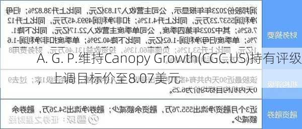 A. G. P.维持Canopy Growth(CGC.US)持有评级，上调目标价至8.07美元