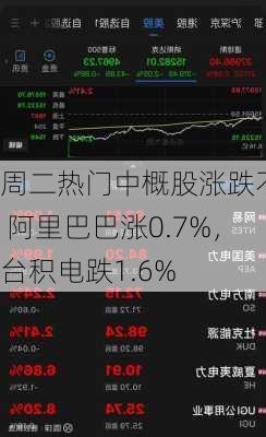 周二热门中概股涨跌不一 阿里巴巴涨0.7%，台积电跌1.6%