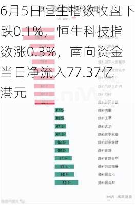 6月5日恒生指数收盘下跌0.1%，恒生科技指数涨0.3%，南向资金当日净流入77.37亿港元