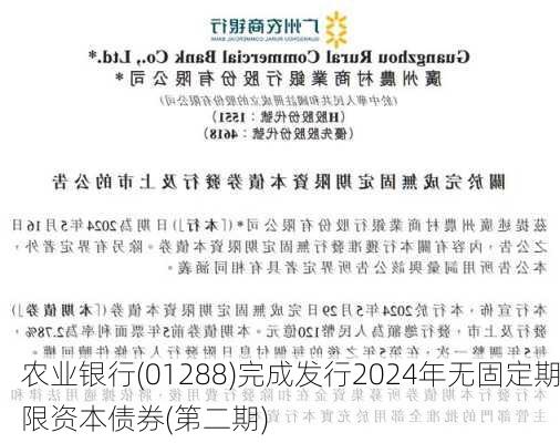 农业银行(01288)完成发行2024年无固定期限资本债券(第二期)