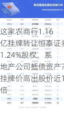 这家农商行1.16亿挂牌转让恒泰证券1.24%股权，系地产公司抵债资产？挂牌价高出股价近1倍