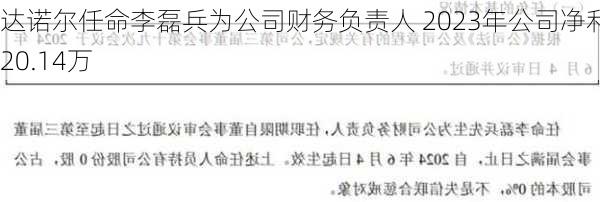 达诺尔任命李磊兵为公司财务负责人 2023年公司净利620.14万