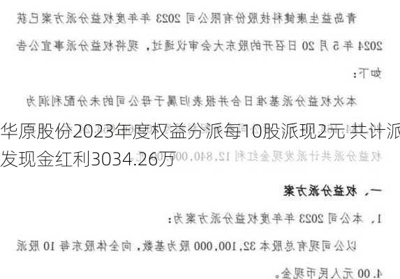 华原股份2023年度权益分派每10股派现2元 共计派发现金红利3034.26万