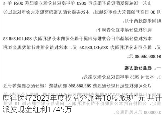 鹿得医疗2023年度权益分派每10股派现1元 共计派发现金红利1745万