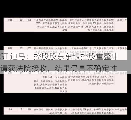 ST 迪马：控股股东东银控股重整申请获法院接收，结果仍具不确定性