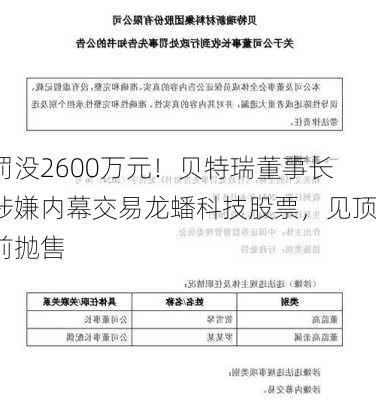 罚没2600万元！贝特瑞董事长涉嫌内幕交易龙蟠科技股票，见顶前抛售