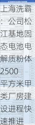 上海洗霸：公司松江基地固态电池电解质粉体2500平方米甲类厂房建设进程快速推进