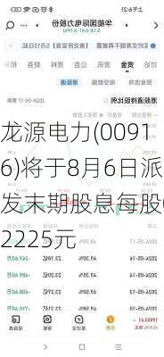 龙源电力(00916)将于8月6日派发末期股息每股0.2225元