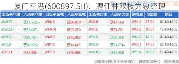 厦门空港(600897.SH)：聘任林双枝为总经理