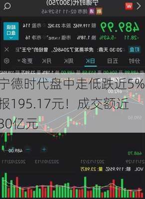 宁德时代盘中走低跌近5%，报195.17元！成交额近30亿元