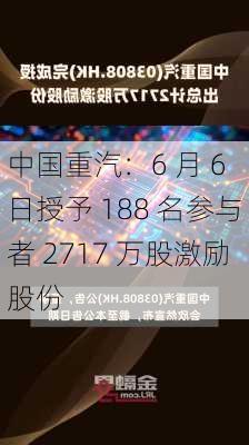 中国重汽：6 月 6 日授予 188 名参与者 2717 万股激励股份