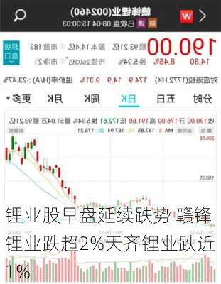 锂业股早盘延续跌势 赣锋锂业跌超2%天齐锂业跌近1%