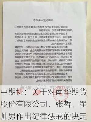 中期协：关于对南华期货股份有限公司、张哲、翟帅男作出纪律惩戒的决定