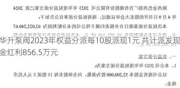 华升泵阀2023年权益分派每10股派现1元 共计派发现金红利856.5万元