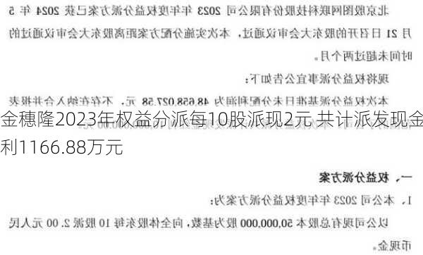 金穗隆2023年权益分派每10股派现2元 共计派发现金红利1166.88万元