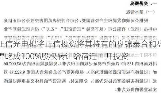 正信光电拟将正信投资将其持有的盘锦泰合和盘锦屹成100%股权转让给宿迁国开投资