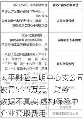 太平财险三明中心支公司被罚55.5万元：财务数据不真实 虚构保险中介业套取费用