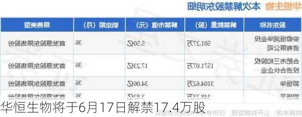 华恒生物将于6月17日解禁17.4万股