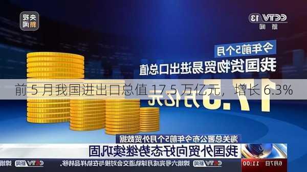 前 5 月我国进出口总值 17.5 万亿元，增长 6.3%