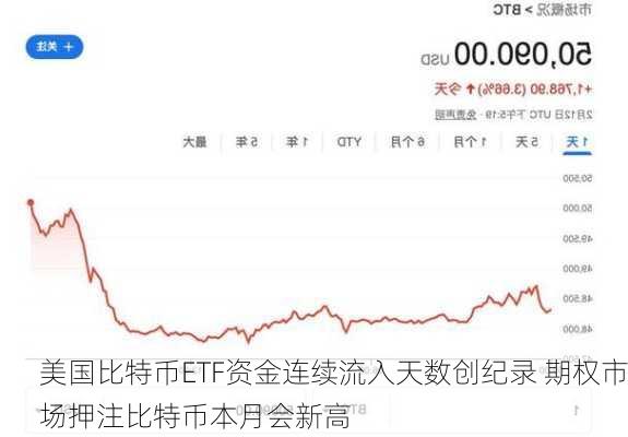 美国比特币ETF资金连续流入天数创纪录 期权市场押注比特币本月会新高