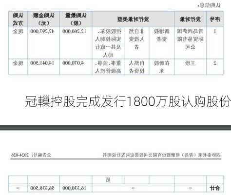 冠轈控股完成发行1800万股认购股份