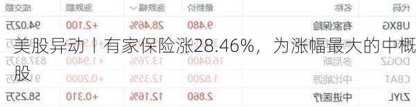 美股异动丨有家保险涨28.46%，为涨幅最大的中概股